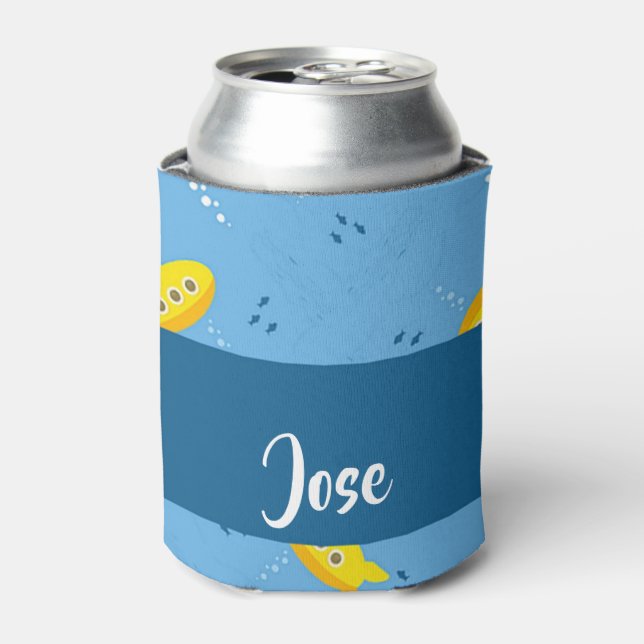 Porta-lata Submarino amarelo e peixe em azul (Can Front)
