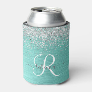 Porta-lata Teal Brugado Metal Silver Glitter Nome Monograma