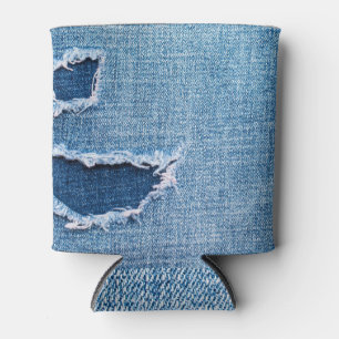 Porta-lata Textura do tecido denim rasgada, matizes azuis.