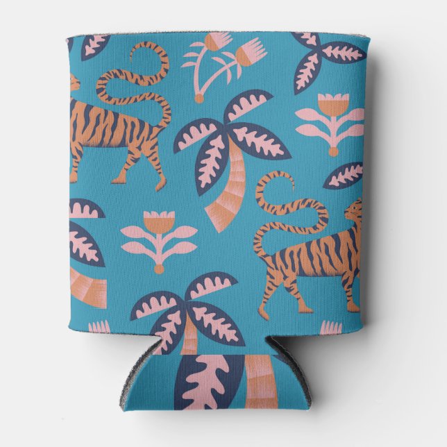 Porta-lata Tigre retrógrado, palmeira, padrão de flores (Frente)