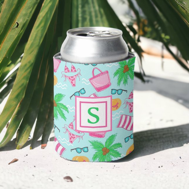 Porta-lata Toalha de palmeira de Bikini, Preppy Monograma Bea (Criador carregado)