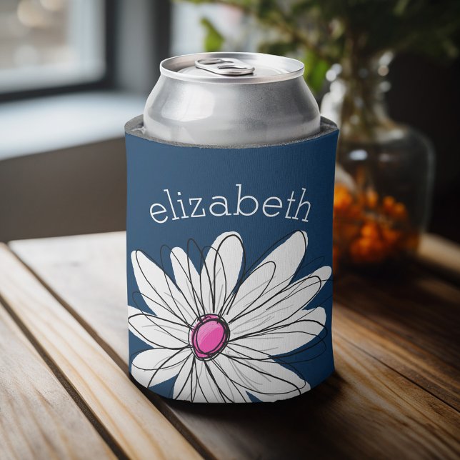 Porta-lata Trendy Daisy Floral Illustração - marinho e rosa (Personalized can cooler with a place to add a name or other custom text)