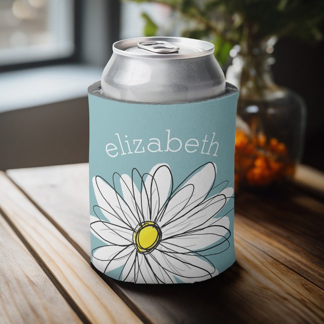 Porta-lata Trendy Floral Daisy com nome personalizado amarelo (Personalized can cooler with a place to add a name or other custom text)