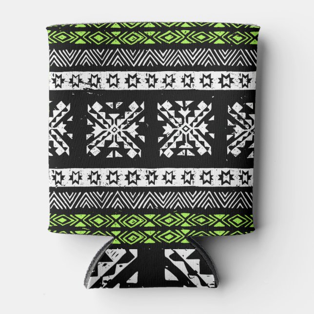 Porta-lata Tribal Navajo, padrão verde branco preto. (Frente)