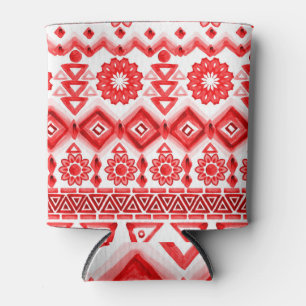 Porta-lata Tribal vermelho, padrão étnico de aquarela.