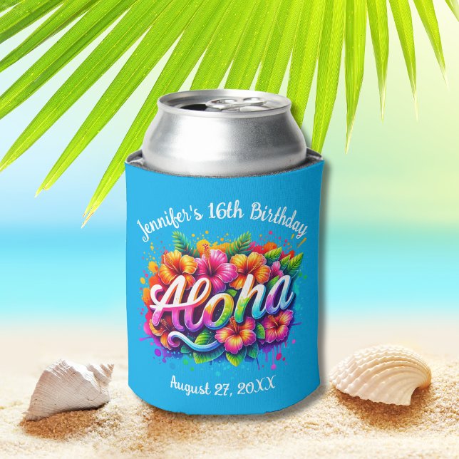 Porta-lata Tropical Aloha Havaiana Aniversário Luau Azul (Criador carregado)