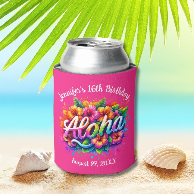 Porta-lata Tropical Aloha Havaiana Aniversário Luau Rosa (Criador carregado)