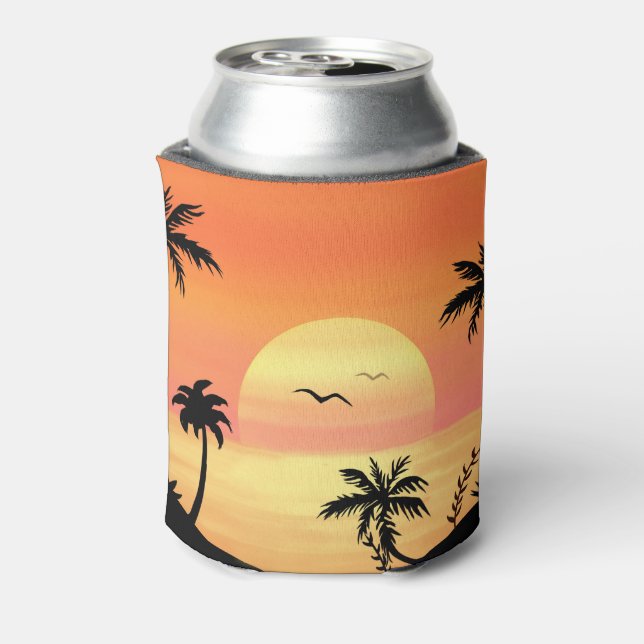 Porta-lata Tropical Beach Sunset Palm Tree Silhouette Art (Can Back)