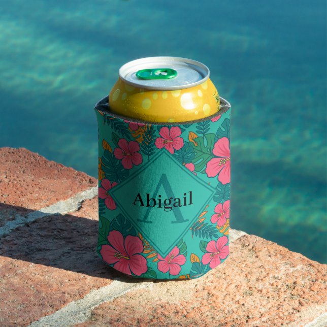 Porta-lata Tropical Hibiscus and Palm Leaf Pattern  (Piscina in situ)