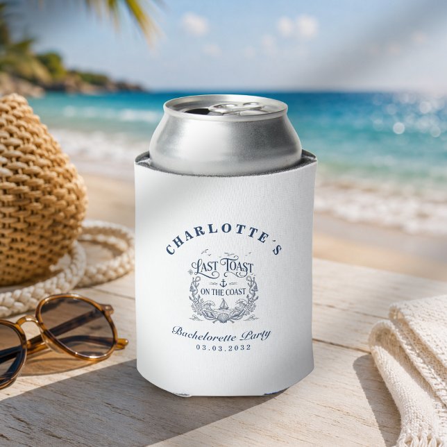 Porta-lata Último brinde na costa! Despedida de solteira  (Last Toast on the Coast! Bachelorette Party White Blue Can Cooler)