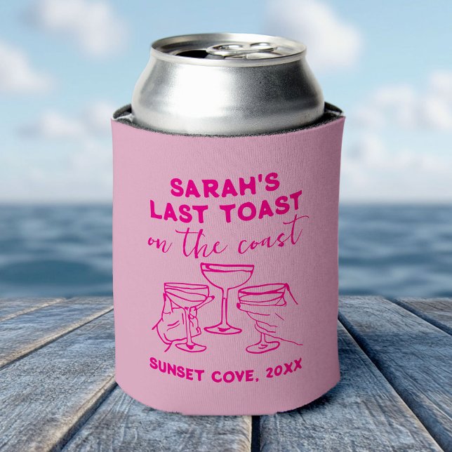 Porta-lata Último brinde personalizado de solteira na festa d (A beach-themed can cooler labeled "Last Toast," symbolizing a fun ocean bachelorette celebration )