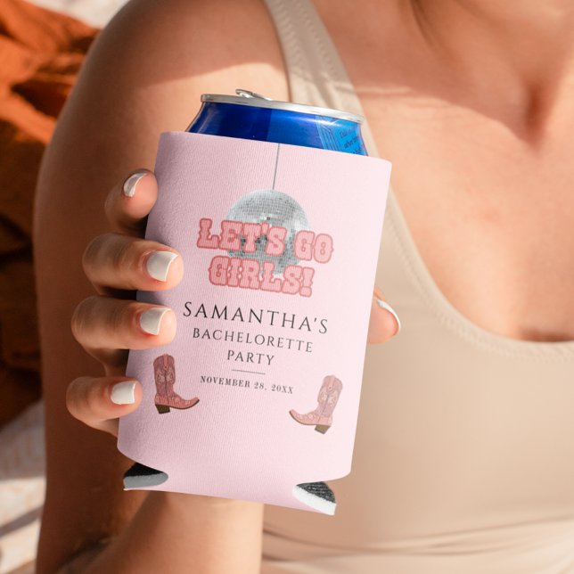 Porta-lata Vamos Garotas, Festa de solteira de Cowgirl Disco (Cowboy Disco Bachelorette Party Can Cooler)