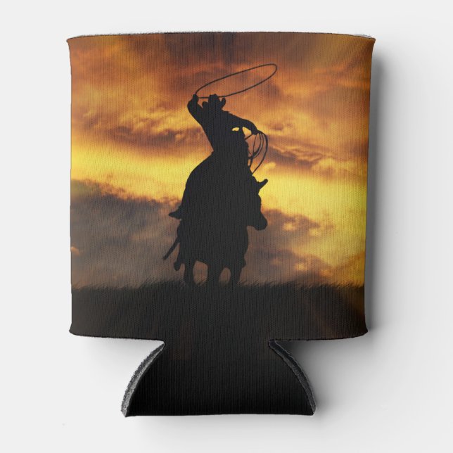 Porta-lata Vaqueiro laçando com cavalo e pôr do sol (Frente)