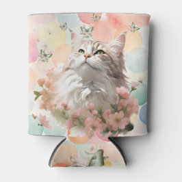 Porta-lata Vintage Cat Pink Floral com Borboletas Pastel