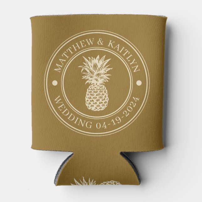 Porta-lata Warm Desert Pineapple Wedding Crest & Names (Frente)