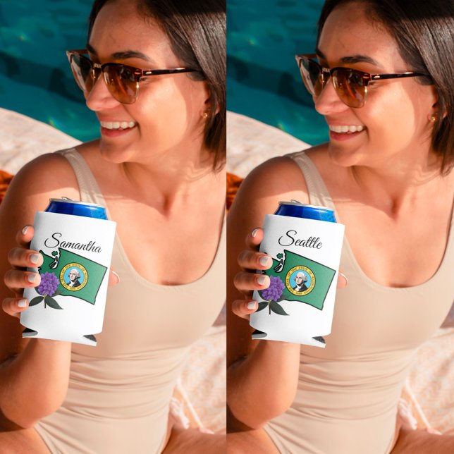 Porta-lata Washington Flag e Flower Pacific Rhododendron (Criador carregado)