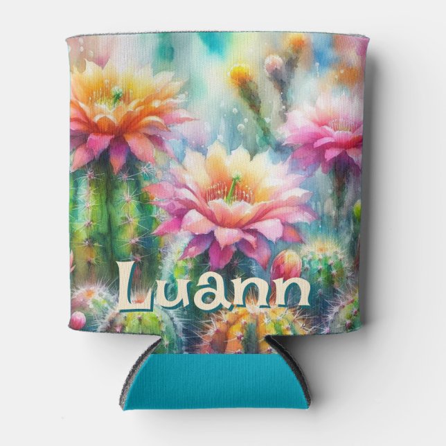 Porta-lata Watercolor Flowering Succulent Cacti Personalized (Frente)