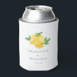 Porta-lata Watercolor Lemon Citrus Summer Wedding Favor<br><div class="desc">This can cooler features a bright watercolor lemon illustration with green leaves and the couple's names and date in clean spaced lettering on a crisp white background — fresh,  cheerful,  and perfect for a summer wedding,  engagement party,  rehearsal dinner,  or anniversary celebration. Fully customizable with your names and date.</div>