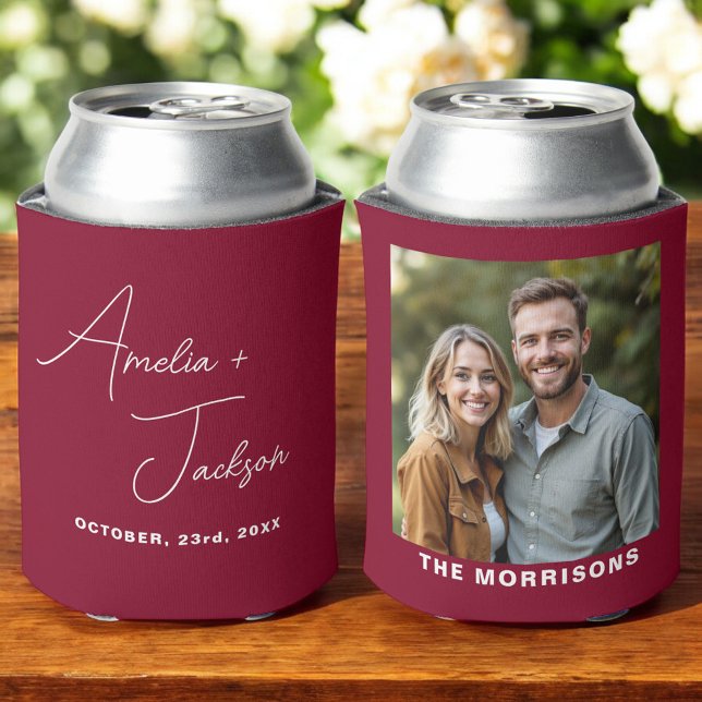 Porta-lata Wedding Favor Photo Burgundy Modern (Criador carregado)
