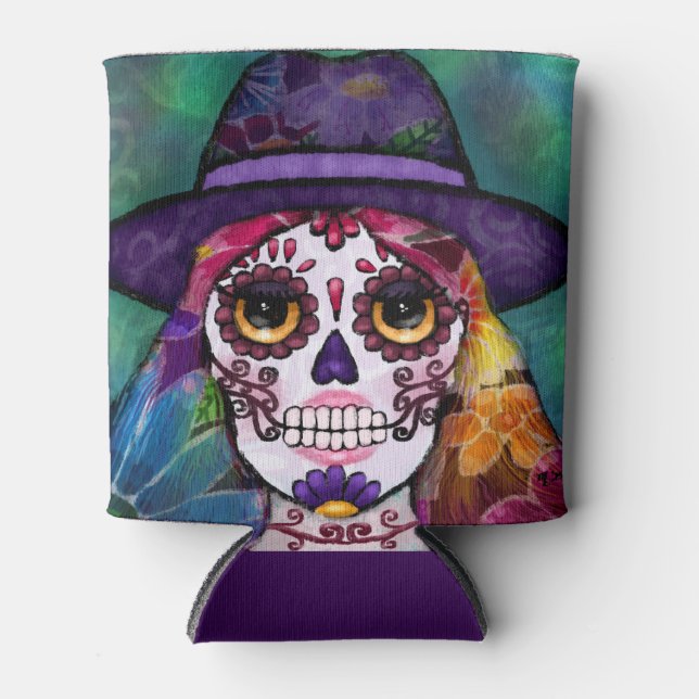 Porta-lata Whimsical Abstract Floral Hippie Sugar Skull (Frente)