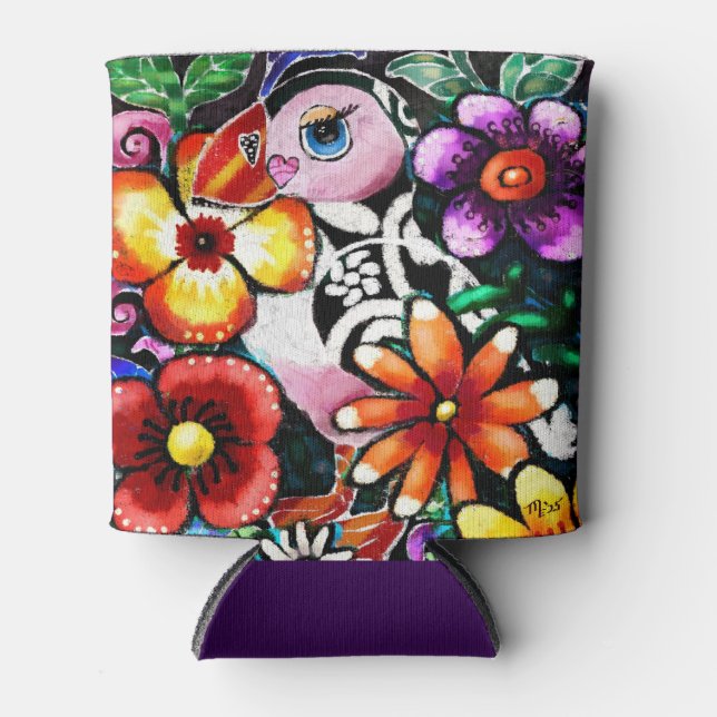 Porta-lata Whimsical Abstract Puffin Bird In Flowers (Frente)