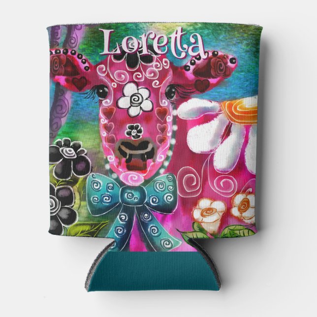 Porta-lata Whimsical Floral Cow Pink Teal Black Personalized (Frente)