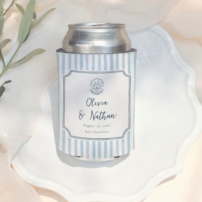 Porta-lata Whimsical Handdrawn Retro Blue Stripes Wedding (Criador carregado)
