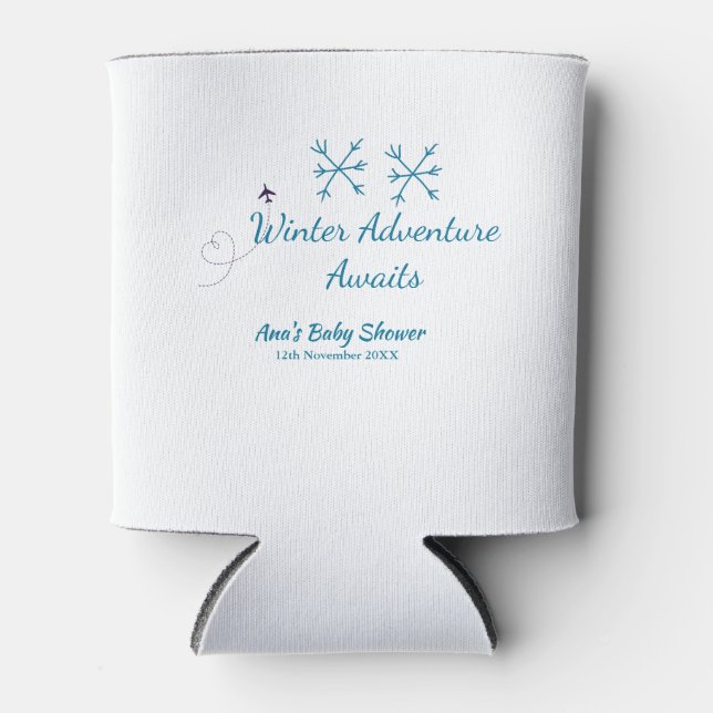 Porta-lata Winter Adventure awaits baby shower blue snowflake (Frente)