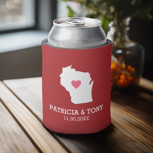 Porta-lata Wisconsin Map Home State Love with Opcional Heart (Celebrate with a personalized can cooler - add your name or monogram. Great party favor or gift)