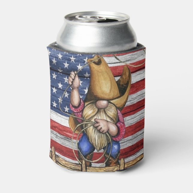 Porta-lata Wooden American Flag Com Cowboy Gnomo (Can Back)