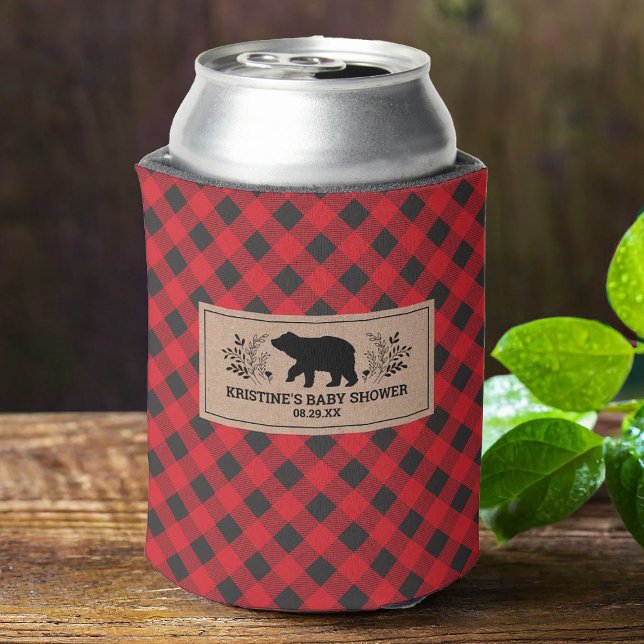 Porta-lata Xadrez Personalizada Kraft Lumberjack Buffalo (These can rustic outdoor style can coolers are a fun addition to your lumberjack baby boy shower.)