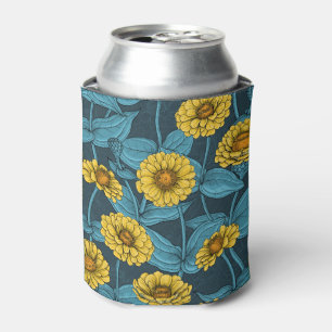 Porta-lata Zinnias Amarelas em azul escuro