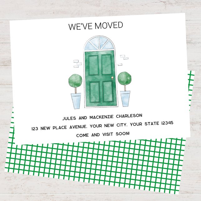 Porta Verde, Mudamos Um Novo Anúncio Para Casa (Green door watercolor custom text new home we I have moved change of address moving announcement)