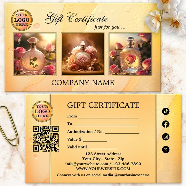 Portfolio Artística Feminina Certificado (Gift certificate featuring 3 custom photos framed by an artistic feminine ocher and pink design)