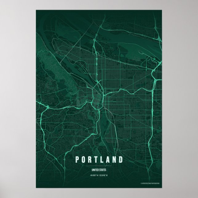 Portland Emerald Map Print Oregon Wallart Poster (Frente)