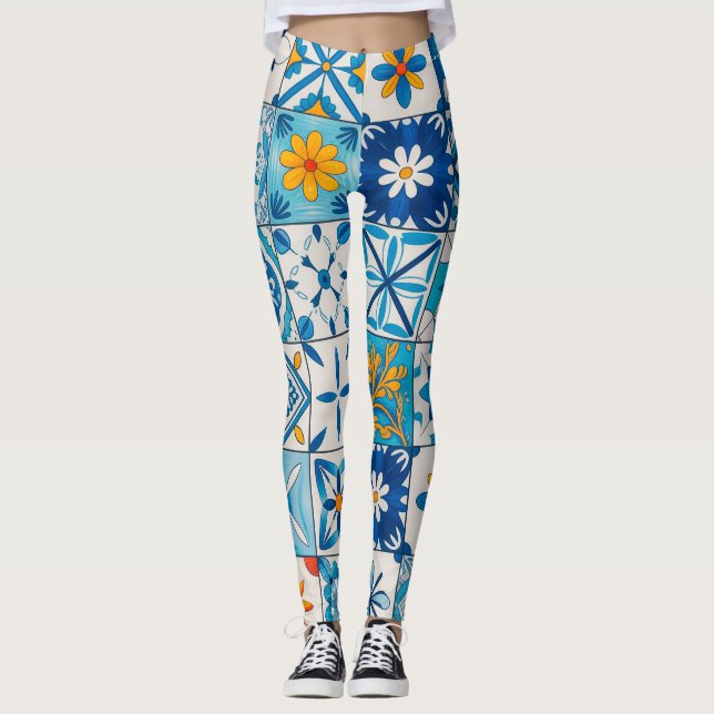 Portuguese Azulejo Tile Leggings – Blue & Yellow M (Frente)