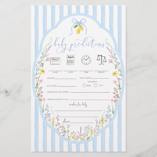 Posey Wildflowers Blue Bow Baby Predictions Game (Frente)