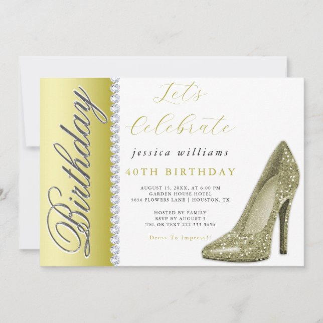 Posh Stiletto & Diamantes Convite de Aniversário D (Frente)