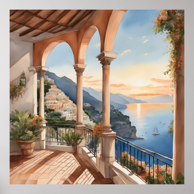 Positano Dream: Watercolor Sunset Vista Poster (Frente)