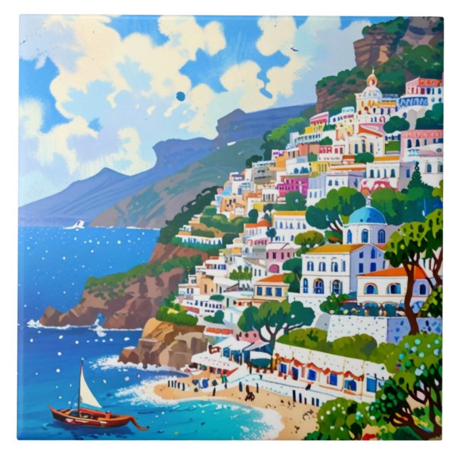 Positano Village, Itália, Coast Watercolor Italian (Frente)
