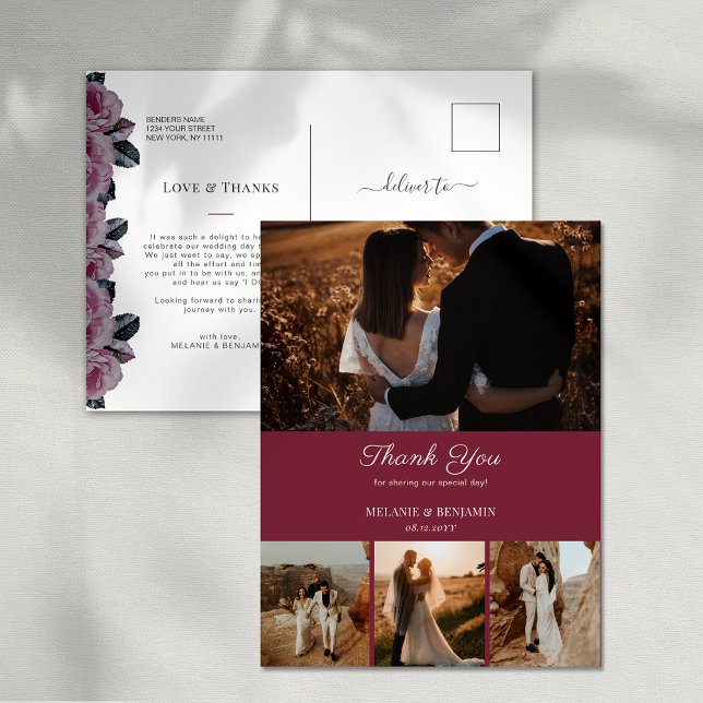 Postal 4 Fotos Cartão de Agradecimento Floral Romântico R (4 Photos Pink Romantic Floral Thank You Postcard)