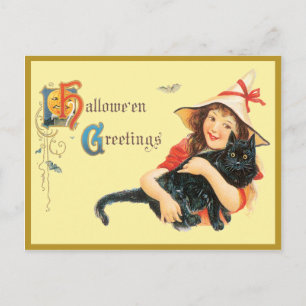 Postal A Menina E O Cartão De Vintagem De Gato Dela