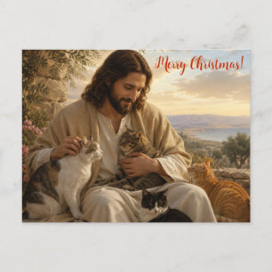 Postal Adorável Jesus Com Gatos Cartão de Natal!