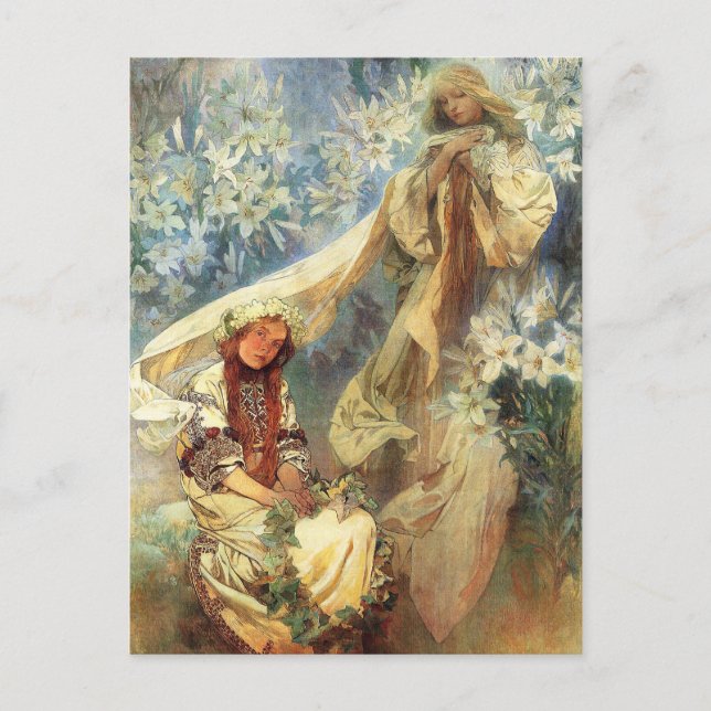 Postal Alphonse Mucha Madonna do cartão dos lírios (Frente)