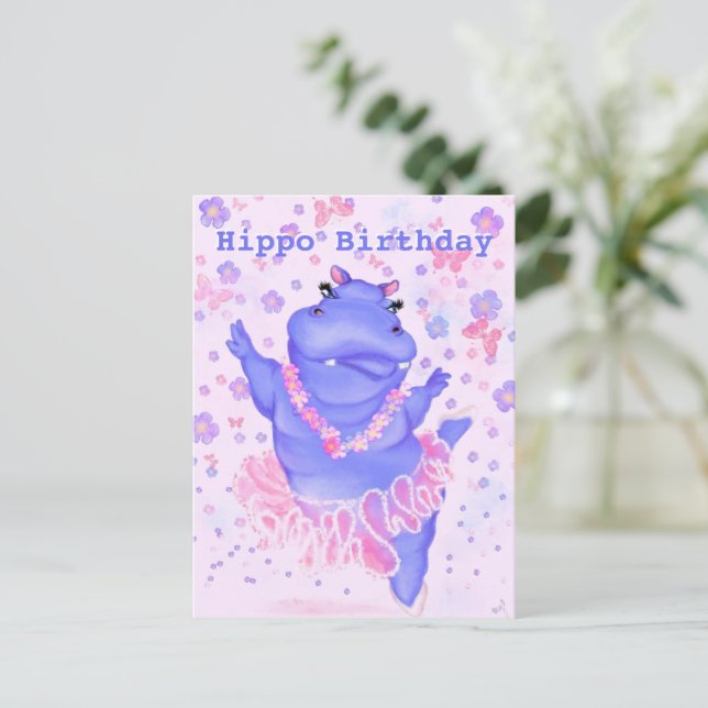 Postal Aniversário Cartão de Bebê Ballerina Hippo - Seu T (Em pé/Frente)
