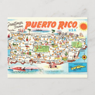 Postal Antigo Mapa Ilustrado do Porto Rico em Cartão Post