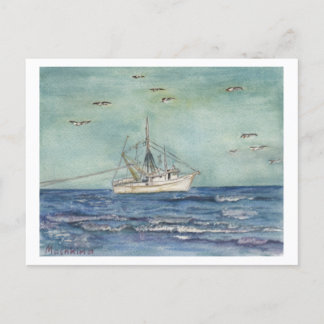 Postal Aquarela De Barco De Camarão. Cartão Postal.