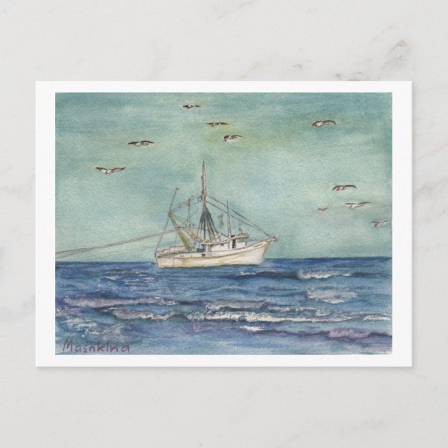 Postal Aquarela De Barco De Camarão. Cartão Postal. (Frente)