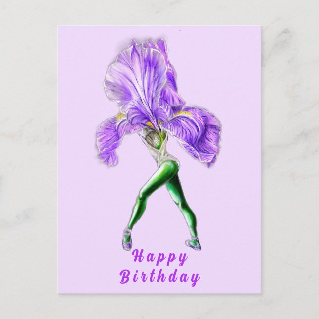 Postal Ballerina Iris Flower Balé Dancer Cartão de Aniver (Frente)