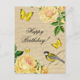 Postal Belo cartão de aniversário com rosas e pássaros